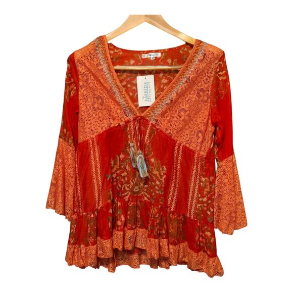 Guadalupe Design Embroidered Boho Top Womens Medium Multicolor Tassels Lace NWT - Picture 1 of 10